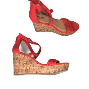 Mossimo Coral Orange Crochet Cork Wedge Heeled Sandals Espadrilles Womens 8 EUC